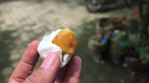 A hand holding a boiled chicken egg yolk. 库存影片 329492125
