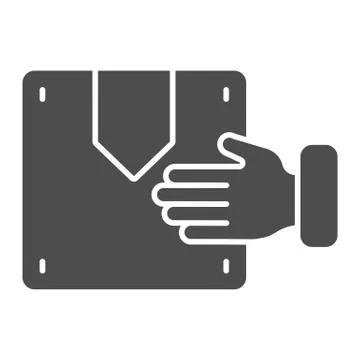 Hand holding box solid icon. Cargo in hands vector illustration isolated on Illustrazione stock