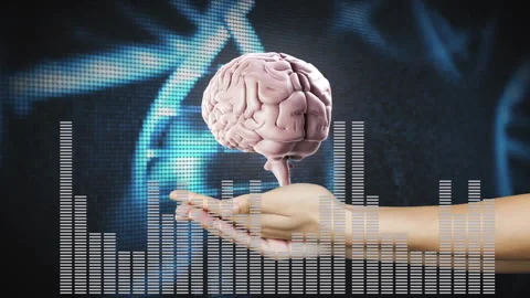 Hand holding brain with digital soundwave animation over DNA strand background Stock Footage 304644760