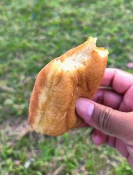 Hand holding bread with blur background of grass field Stock Photos