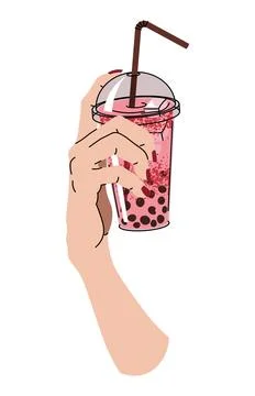Hand holding Bubble Milk Tea in a plastic cup with a straw. Delicious drink.. Stock-Illustration
