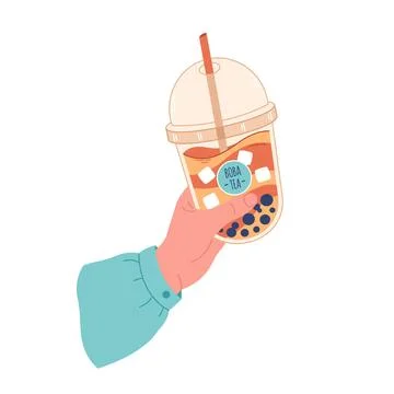 Hand holding bubble tea cup with tapioca pearls. Boba tea.Taiwanese drink. Иллюстрация