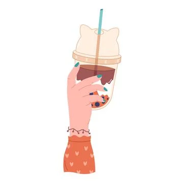 Hand holding bubble tea cup with tapioca pearls. Boba tea.Taiwanese drink. Иллюстрация