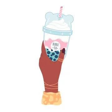 Hand holding bubble tea cup with tapioca pearls. Boba tea.Taiwanese drink. 库存插图