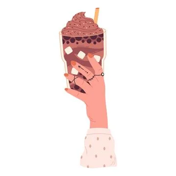 Hand holding bubble tea cup with tapioca pearls. Boba tea.Taiwanese drink. Stockillustratie