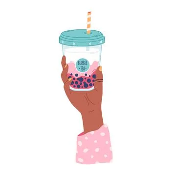 Hand holding bubble tea cup with tapioca pearls. Boba tea.Taiwanese drink. Иллюстрация