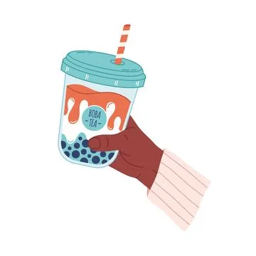 Hand holding bubble tea cup with tapioca pearls. Boba tea.Taiwanese drink. Иллюстрация