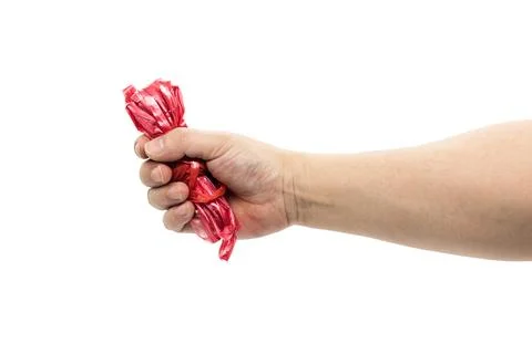 Hand holding a bundle of red nylon tying rope closeup Stock Photos