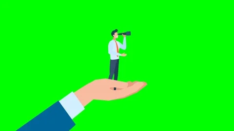 Hand holding a business man using telescope. Man standing on giant hand Stock-Footage 336838757