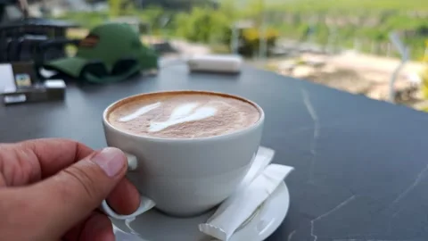 Hand holding cappuccino cup on table in outdoor cafe Vidéo 311406166