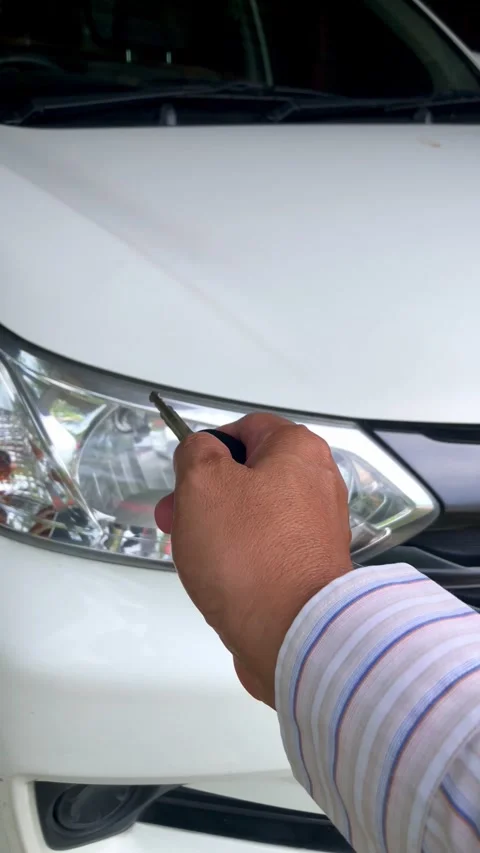 Hand holding car remote key locking or unlocking vehicle Stock Footage 330152805
