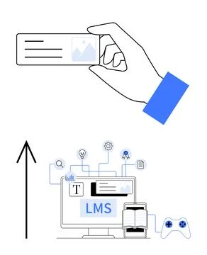 Hand holding card with digital learning icons and upward arrow representing.. Stock Illustration