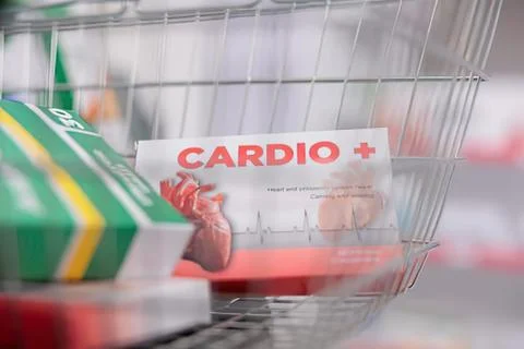 Hand holding cardio plus box in shopping cart Stock Photos
