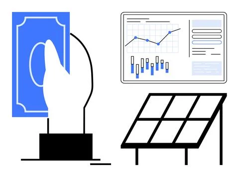 Hand holding cash, data analytics on screen, and solar panel. Ideal for finan Stock Illustration