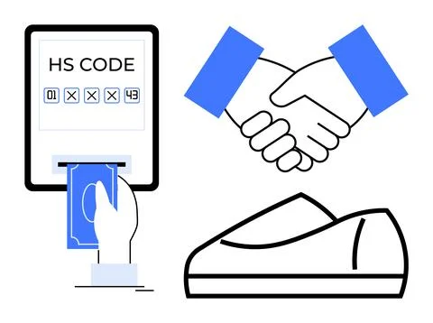 Hand holding cash in front of a screen with HS code, handshake symbolizing ag 스톡 일러스트