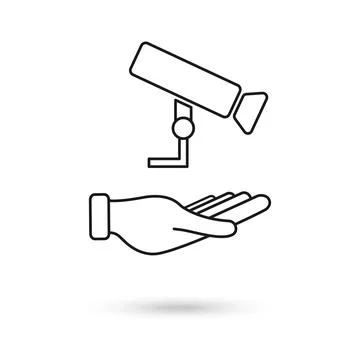 Hand holding CCTV, security digital camera, protection thin line icon. Line.. 库存插图