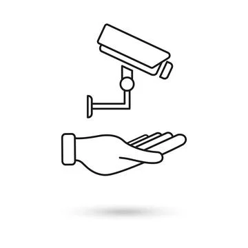 Hand holding CCTV, security digital camera, protection thin line icon. Vect.. Stock Illustration