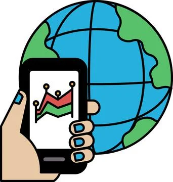 A hand holding a cell phone with a globe in the background Illustrazione stock