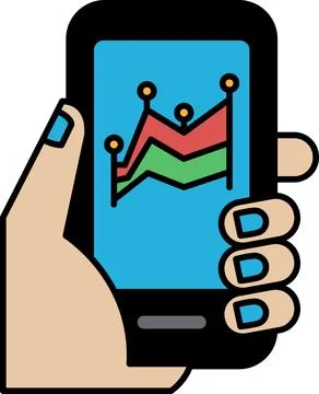 A hand holding a cell phone with a graph on the screen Stock Illustration