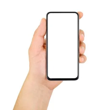 Hand holding cellphone with empty screen isolated on white Stock Photos