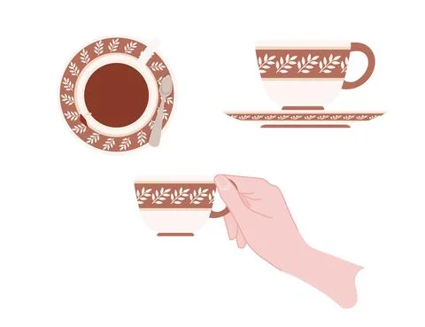 Hand holding a ceramic cup with brown pattern of tea on saucer vector Stock Illustration