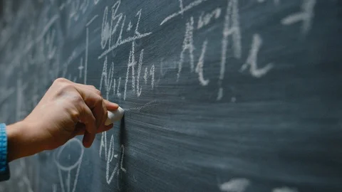 Hand Holding Chalk and Writing Complex and Sophisticated Mathematical Formula. Stock Footage