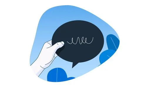 Hand holding a chat bubble. Communication concept. Outline cartoon style. Stock Illustration