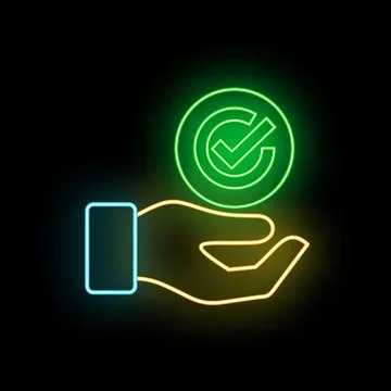 Hand holding check mark approval neon service Stock Illustration