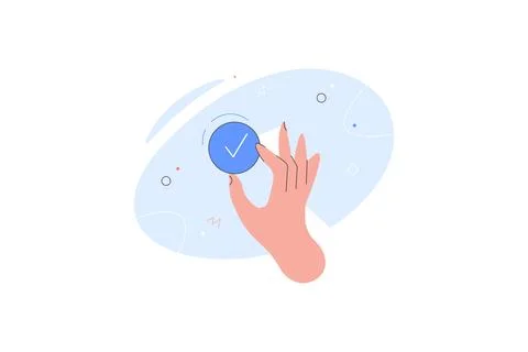 Hand holding Check mark button. Tick and hand sign. Done. Success Stock Illustration