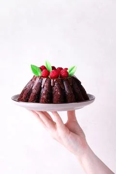 Hand holding chocolate cake with raspberry 스톡 사진