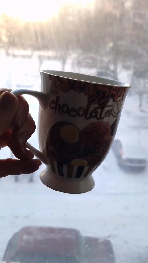 Hand Holding Chocolate Mug By Window During Winter Snowstorm Stock Footage 326312833