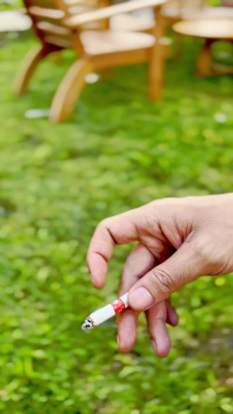 Hand holding cigarette over green grass Stock Footage 335430894