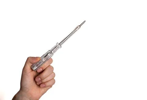 Hand Holding Clear-Handle Screwdriver on White Background Stock Photos