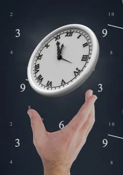 Hand holding a clock against background with clocks Stock Photos
