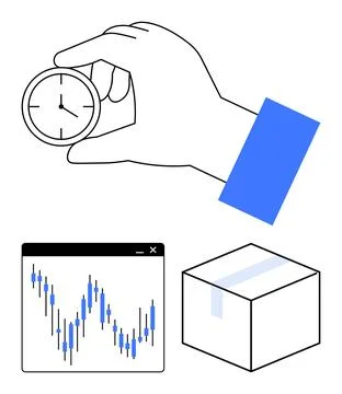 Hand holding clock alongside financial graph and box highlighting time Stock Illustration