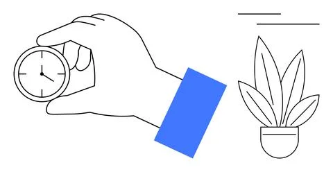 Hand Holding Clock Beside a Potted Plant As a Minimalist Representation of .. Stock Illustration