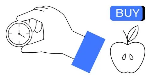 Hand holding a clock, BUY button, and apple outline represent time, purchasin Stock Illustration