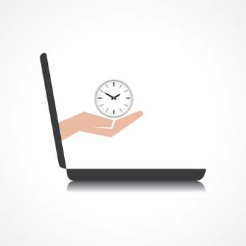 Hand holding clock comes from laptop screen stock vector Stock Illustration