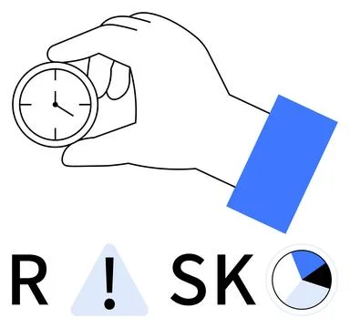 Hand holding clock, exclamation mark inside triangle, letters R S K, pie char Ilustración de archivo