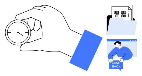 Hand holding clock, folder of documents. Man with cashback card. Ideal for bu Stockillustratie