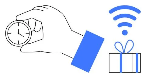 Hand holding clock, gift box with ribbon, and wireless signal. Ideal for tech Illustrazione stock