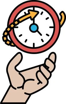 A hand holding a clock with the hands pointing to the numbers 1 and 12 Stock Illustration