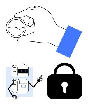 Hand Holding Clock, Robot Pointing, and Lock Symbol Concepts of Time, Techn.. Illustrazione stock