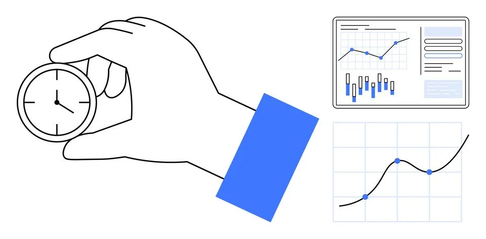 Hand holding a clock, side-by-side with charts and graphs depicting data tren 스톡 일러스트