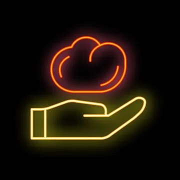 Hand holding cloud computing neon sign on black background Stock Illustration
