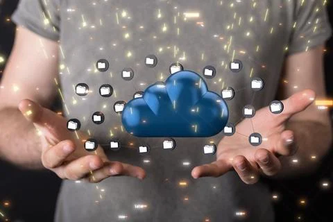 Hand holding a cloud with linked folders. Server, internet infrastructure concep Stock Photos