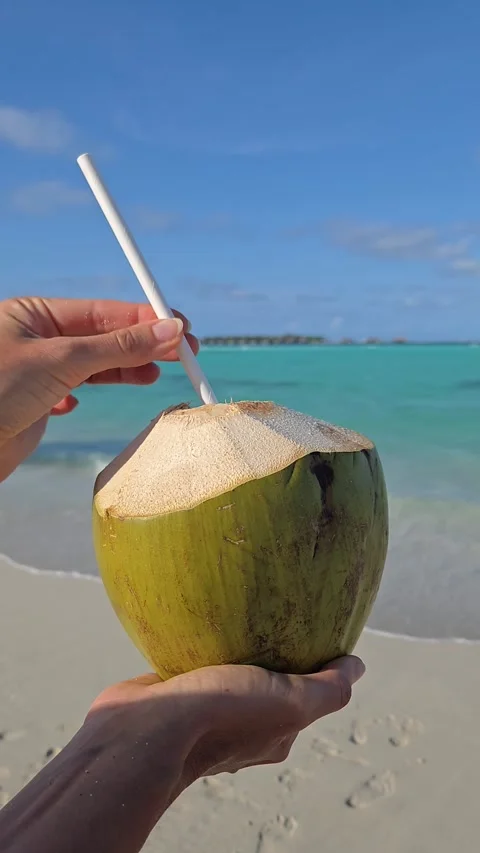 Hand holding coconut and inserts straw into coco nut on sandy sunny beach. Verti Vidéo 328165484