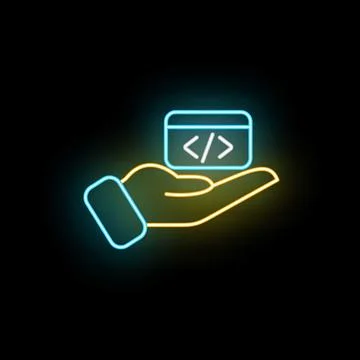 Hand holding code icon neon glowing light concept 스톡 일러스트