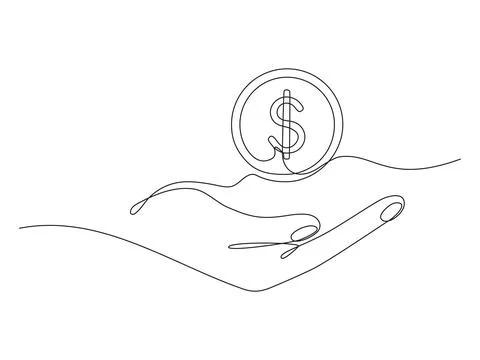 Hand holding coin continuous one line drawing art. Illustrazione stock