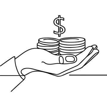Hand holding coins continuous one line drawing art. Business linear symbol... Stock Illustration